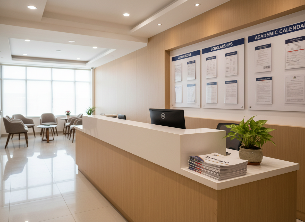 An elegant admissions and counseling office interior for a pharmacy institute, featuring a long, tidy reception counter made of light wood with a smooth white countertop. On the counter rests a neatly arranged stack of brochures labeled “D.Pharm Programme,” a desktop computer monitor, and a small potted green plant adding freshness. Behind the counter, a wall-mounted board displays neatly organized notices about admissions, scholarships, and academic calendars. The room is lit by soft, warm ceiling lights and diffused daylight from side windows, creating a welcoming yet professional mood. Photographic realism from an eye-level, slightly angled composition shows both the counter and waiting area chairs in the background, emphasizing clarity, order, and trustworthiness suitable for an admissions information page.