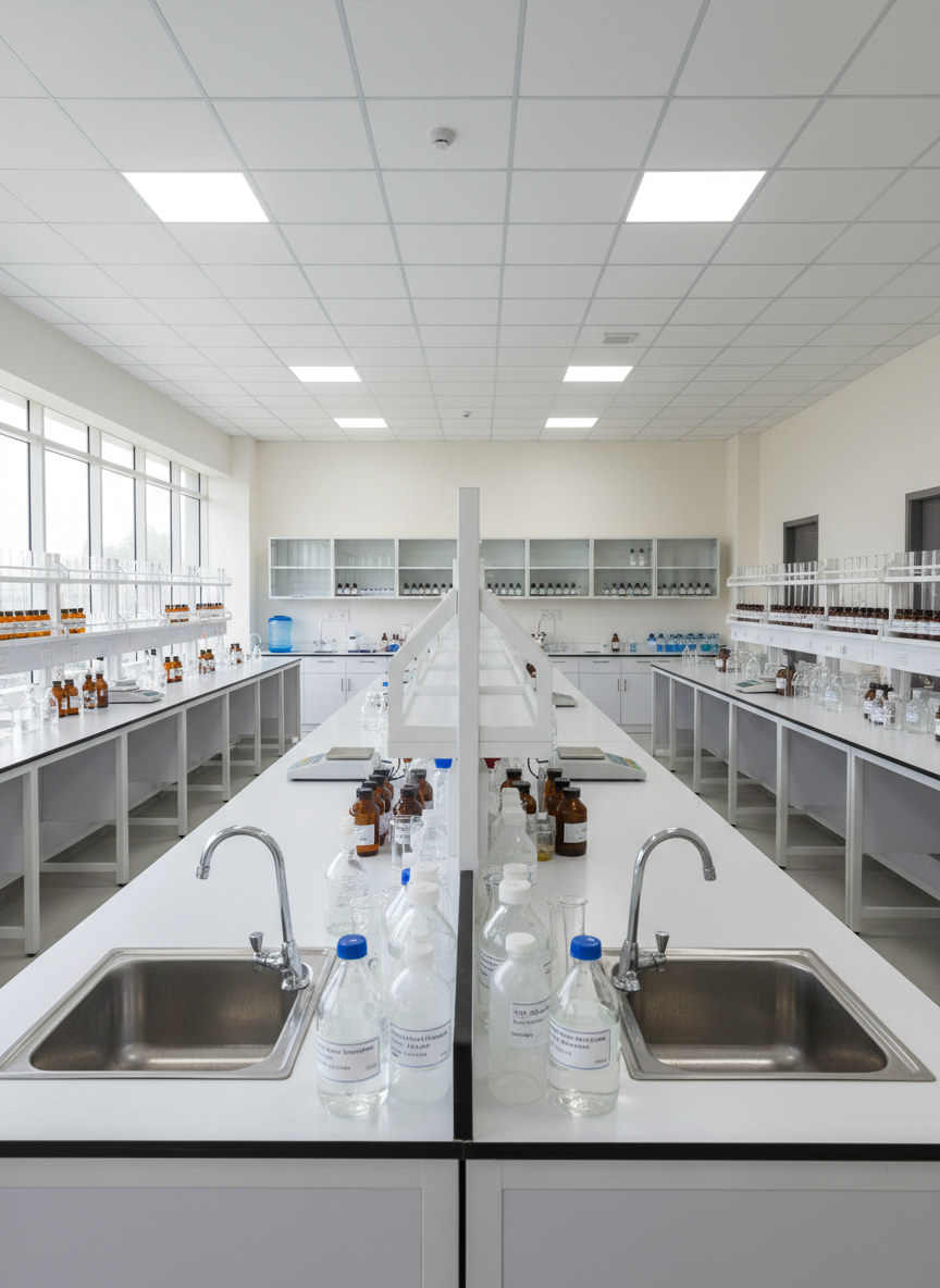 A bright, spacious D.Pharm laboratory featuring long, sturdy white workbenches neatly arranged with glass beakers, volumetric flasks, burettes, and neatly labeled reagent bottles. Stainless steel sinks, gas taps, and precision weighing balances are integrated into the benches, while open shelving on the walls displays organized sets of glassware and chemical containers. The room has large windows allowing diffused daylight to flood in, complemented by evenly spaced ceiling lights that create a crisp, shadow-free environment. Photographic realism at eye level with sharp focus and a clean, clinical look. The atmosphere feels professional, organized, and academically focused, with the composition emphasizing depth by showing workstations receding into the background, conveying a well-equipped, modern pharmacy lab.