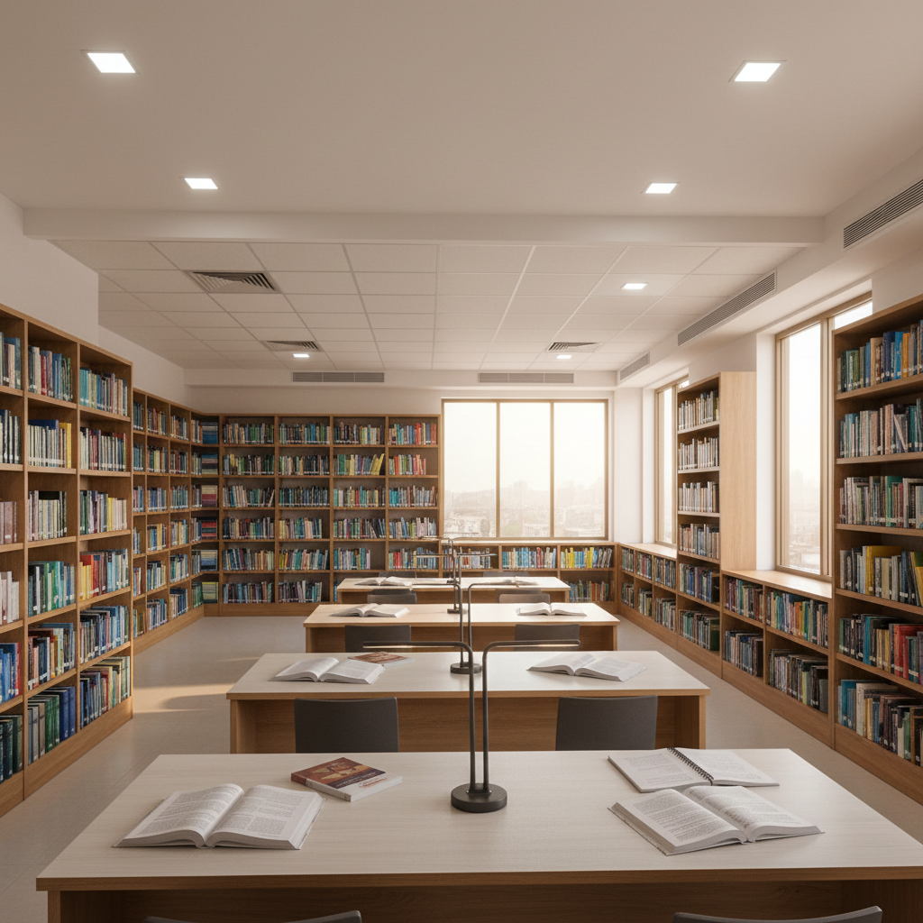A dedicated pharmacy library and reading room with tall, well-organized bookshelves filled with textbooks and reference volumes on pharmacology, pharmaceutics, and chemistry, their spines displaying varied but subdued academic colors. In the center, long study tables with smooth laminated tops are neatly arranged, each with a few open books, notepads, and desk lamps. Large windows line one side, allowing soft afternoon light to wash across the space, while quiet ceiling lights provide even illumination. The photographic realism scene is captured from a corner at eye level, emphasizing depth as shelves recede. The atmosphere is serene, scholarly, and disciplined, with sharp focus and a clean, modern composition that highlights academic support and study resources for D.Pharm students.