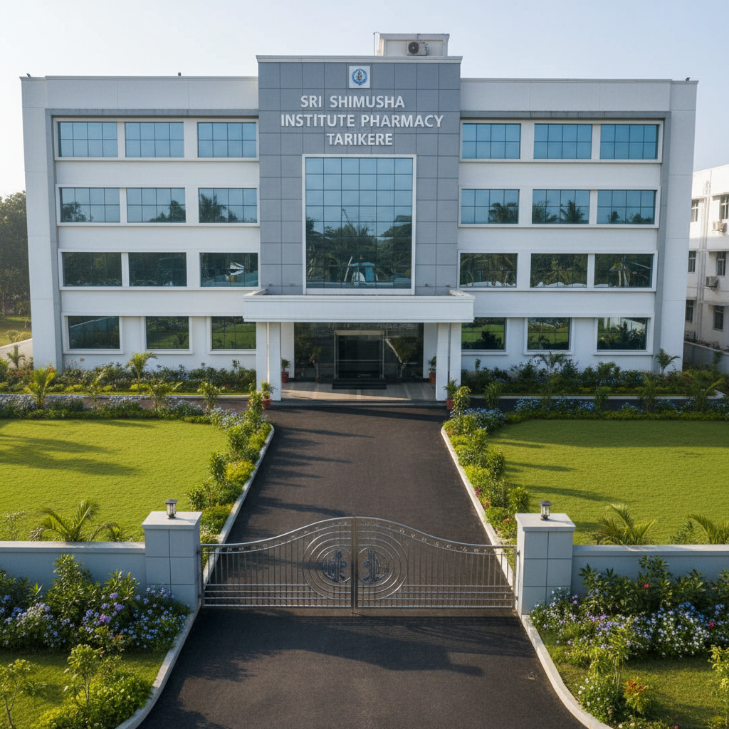 A modern pharmacy college building with clean white and light grey exterior walls, large glass windows, and a bold, clearly readable nameplate for “Sri Shimusha Institute of Pharmacy, Tarikere” on the front facade. The structure stands within a well-maintained campus featuring neatly trimmed green lawns, flowering shrubs, and a paved driveway leading up to the main entrance. Soft late-morning natural light illuminates the building, creating gentle shadows under the portico and window ledges. Photographic realism with a calm, professional atmosphere, captured from a slightly elevated eye-level angle to show the entire frontage, main gate, and a hint of surrounding greenery. The composition uses sharp focus throughout, with a clean, modern educational aesthetic suitable for a website homepage hero image.