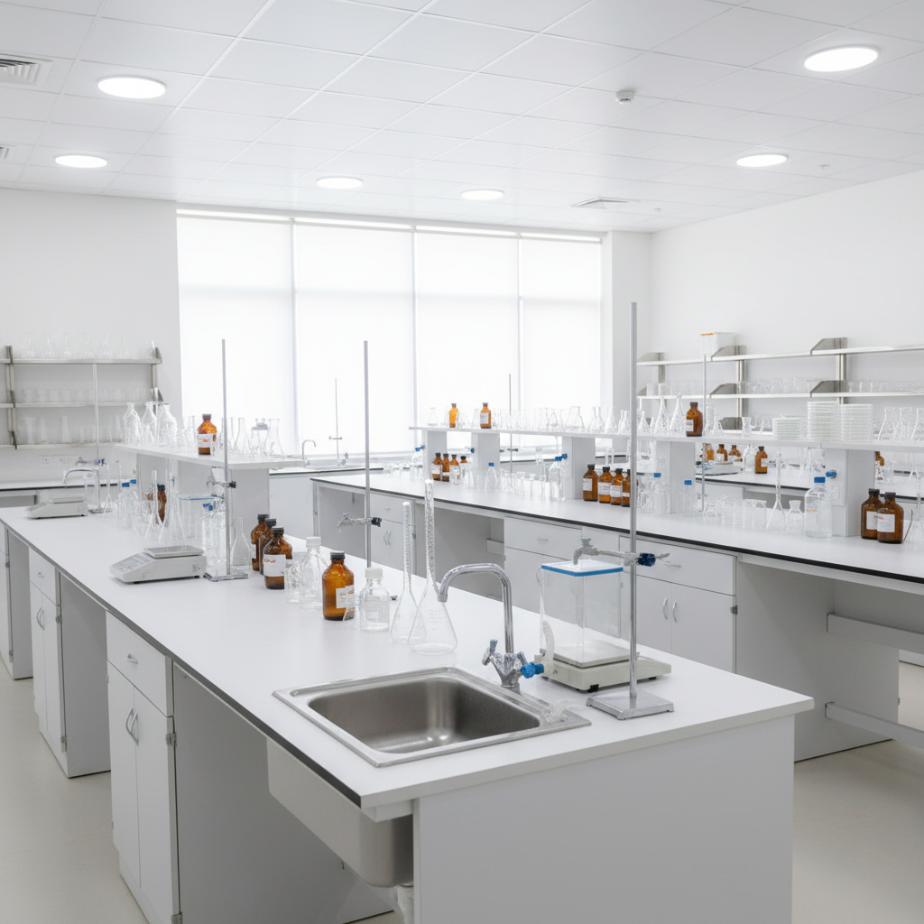 A bright, spacious D.Pharm laboratory featuring long, sturdy white workbenches neatly arranged with glass beakers, volumetric flasks, burettes, and neatly labeled reagent bottles. Stainless steel sinks, gas taps, and precision weighing balances are integrated into the benches, while open shelving on the walls displays organized sets of glassware and chemical containers. The room has large windows allowing diffused daylight to flood in, complemented by evenly spaced ceiling lights that create a crisp, shadow-free environment. Photographic realism at eye level with sharp focus and a clean, clinical look. The atmosphere feels professional, organized, and academically focused, with the composition emphasizing depth by showing workstations receding into the background, conveying a well-equipped, modern pharmacy lab.