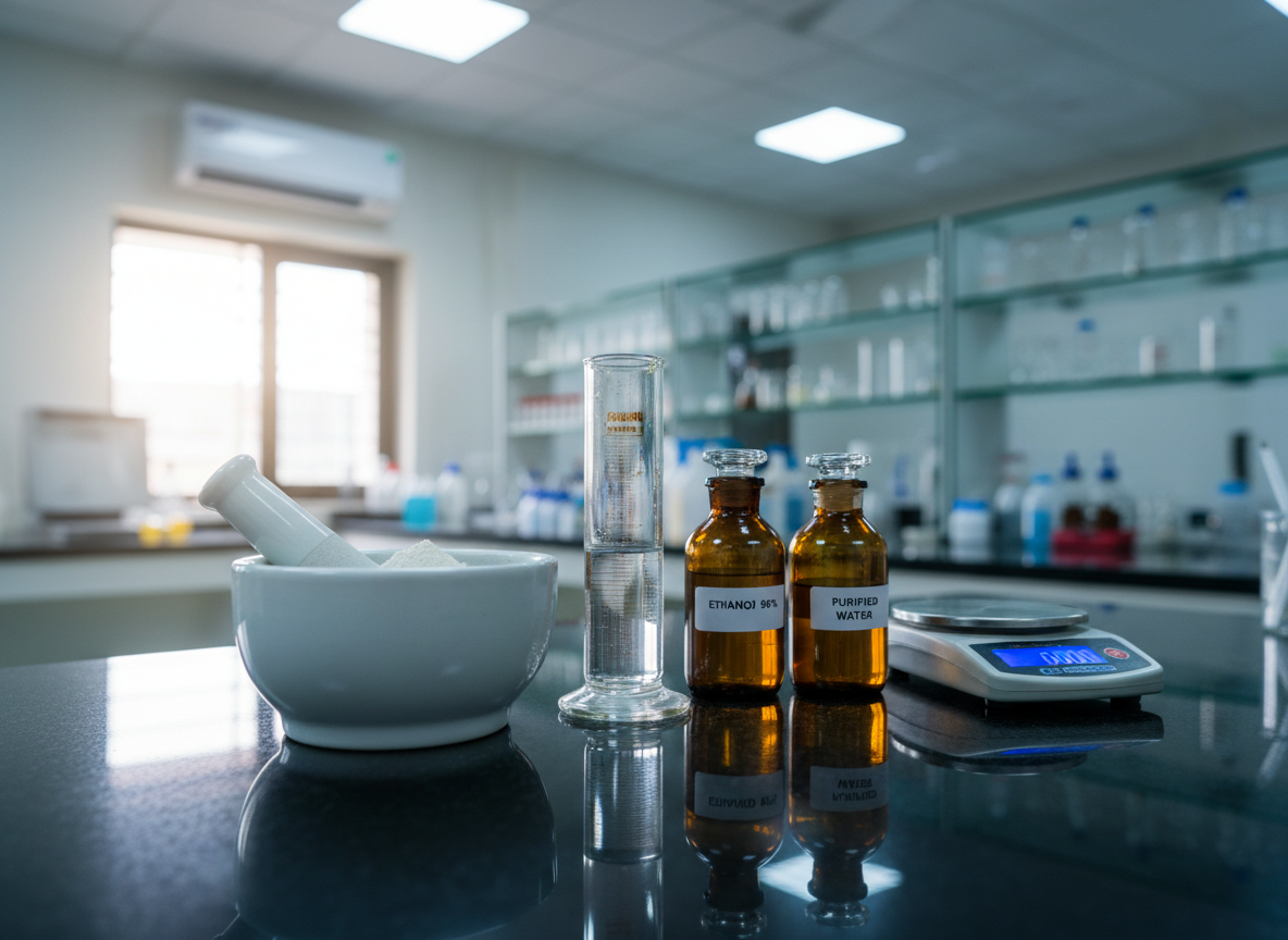 A close-up, photographic view of a polished lab workbench in a pharmacy institute, showcasing a carefully arranged set of tools used in D.Pharm practicals: a gleaming mortar and pestle with fine powder inside, a graduated cylinder partially filled with a clear solution, labeled amber glass bottles, and a small digital weighing scale with a stainless steel pan. The background shows softly blurred shelves of additional glassware, emphasizing depth with gentle bokeh. Cool, even overhead lighting combines with soft daylight from an unseen window, creating subtle reflections on glass and metal surfaces. The composition uses a shallow depth of field and rule of thirds to draw attention to the equipment, conveying precision, cleanliness, and a serious academic atmosphere in a professional, modern photographic style.