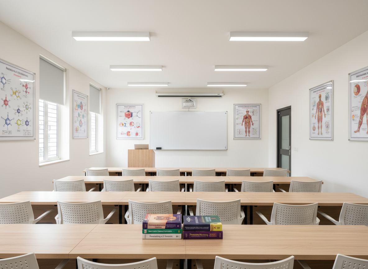 An orderly classroom set up for D.Pharm lectures, with rows of light wood desks and attached chairs facing a large whiteboard and a digital projector screen. At the front, a simple lectern holds neatly stacked textbooks and a closed laptop. The side walls are adorned with educational pharmacy charts illustrating drug formulations and human anatomy diagrams, all framed neatly. Natural daylight filters through tall windows with simple blinds, supported by soft white tube lighting overhead, creating an evenly lit, distraction-free learning atmosphere. Captured in photographic realism from the back of the room toward the front, with sharp focus to show every detail. The mood is focused, professional, and welcoming for students, highlighting a modern, well-maintained academic environment.