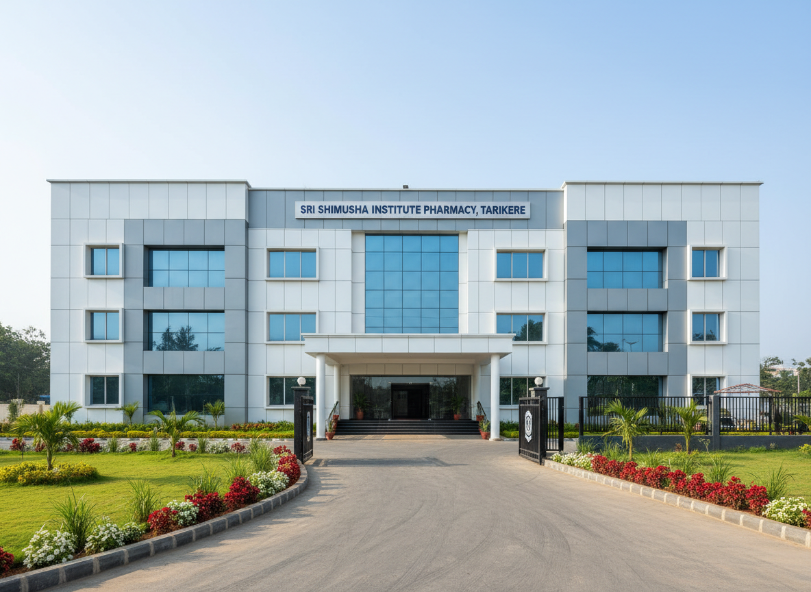 A modern pharmacy college building with clean white and light grey exterior walls, large glass windows, and a bold, clearly readable nameplate for “Sri Shimusha Institute of Pharmacy, Tarikere” on the front facade. The structure stands within a well-maintained campus featuring neatly trimmed green lawns, flowering shrubs, and a paved driveway leading up to the main entrance. Soft late-morning natural light illuminates the building, creating gentle shadows under the portico and window ledges. Photographic realism with a calm, professional atmosphere, captured from a slightly elevated eye-level angle to show the entire frontage, main gate, and a hint of surrounding greenery. The composition uses sharp focus throughout, with a clean, modern educational aesthetic suitable for a website homepage hero image.