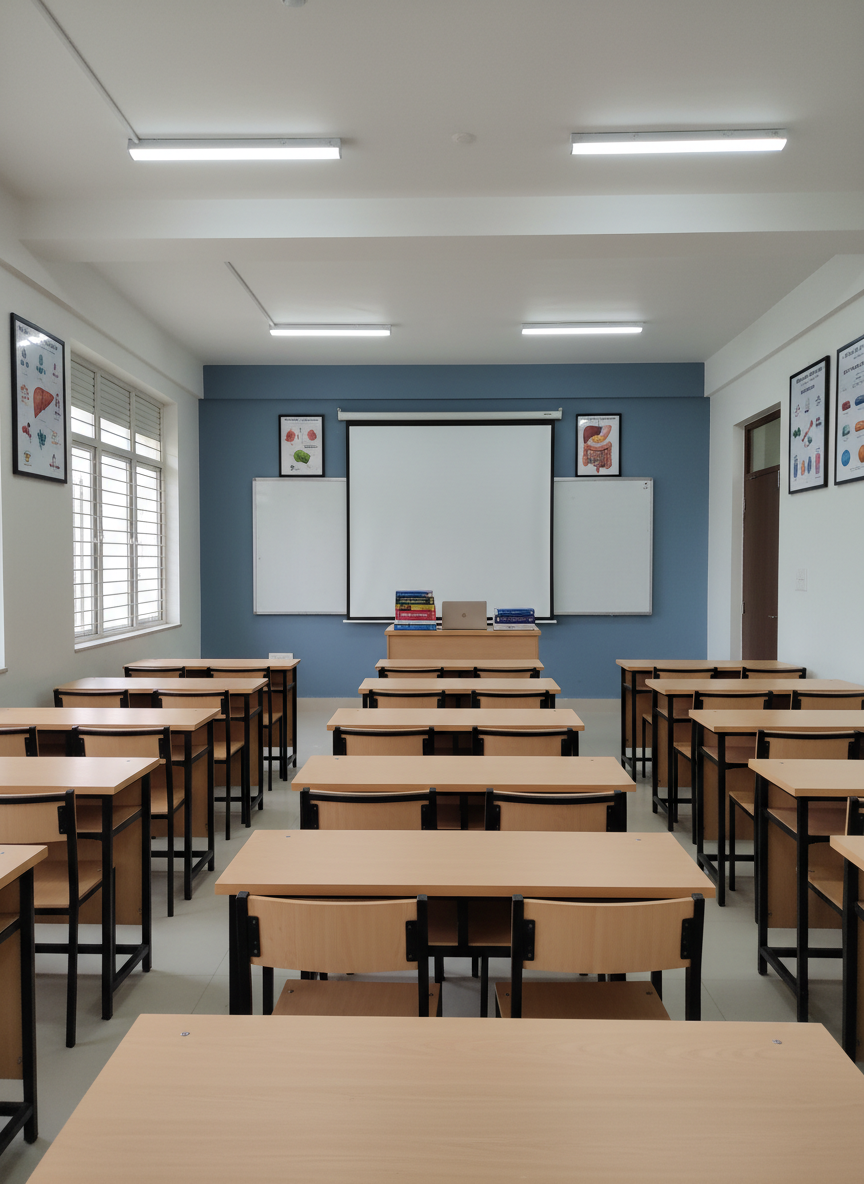 An orderly classroom set up for D.Pharm lectures, with rows of light wood desks and attached chairs facing a large whiteboard and a digital projector screen. At the front, a simple lectern holds neatly stacked textbooks and a closed laptop. The side walls are adorned with educational pharmacy charts illustrating drug formulations and human anatomy diagrams, all framed neatly. Natural daylight filters through tall windows with simple blinds, supported by soft white tube lighting overhead, creating an evenly lit, distraction-free learning atmosphere. Captured in photographic realism from the back of the room toward the front, with sharp focus to show every detail. The mood is focused, professional, and welcoming for students, highlighting a modern, well-maintained academic environment.